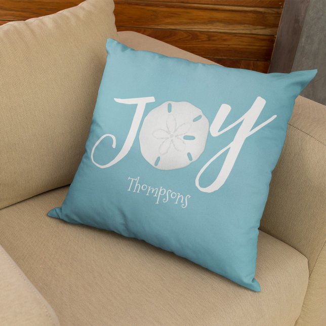 Almofada Feriado Natal Joy Beach Turquoise Coastal (Christmas Holiday Joy typography custom throw pillow.)