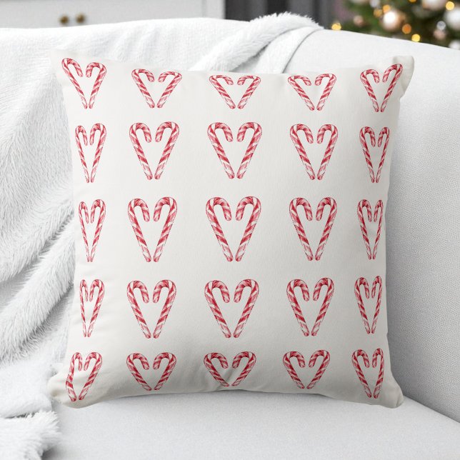 Almofada Feriado Vermelho e Branco Candy Cane Candy Cana-de (Watercolor Candy Cane Heart Red and White Holiday Throw Pillow)