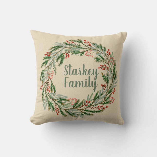 Almofada Feriados, Berries vermelhos, pinheiros e eucalipto (Frente)