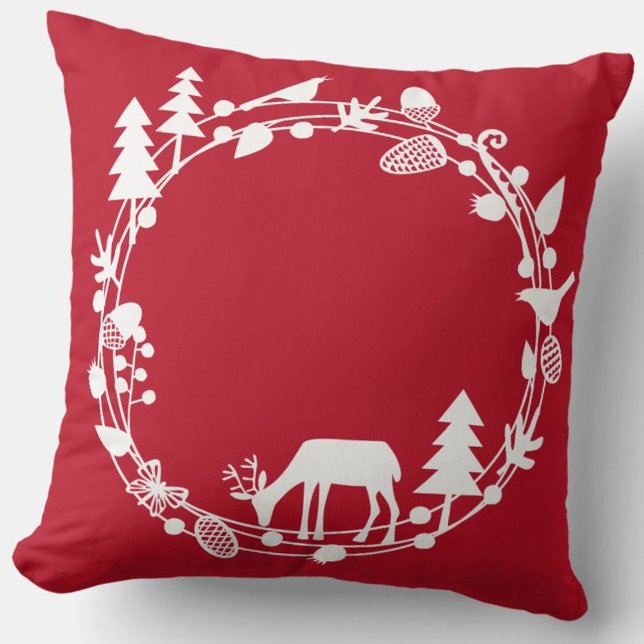 Almofada Feriados de inverno no Círculo da Floresta de Deer (Red and white deer in woodland pillow)
