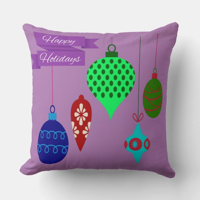 Almofada Feriados felizes e ornamentos de Púrpura Rico (Frente)