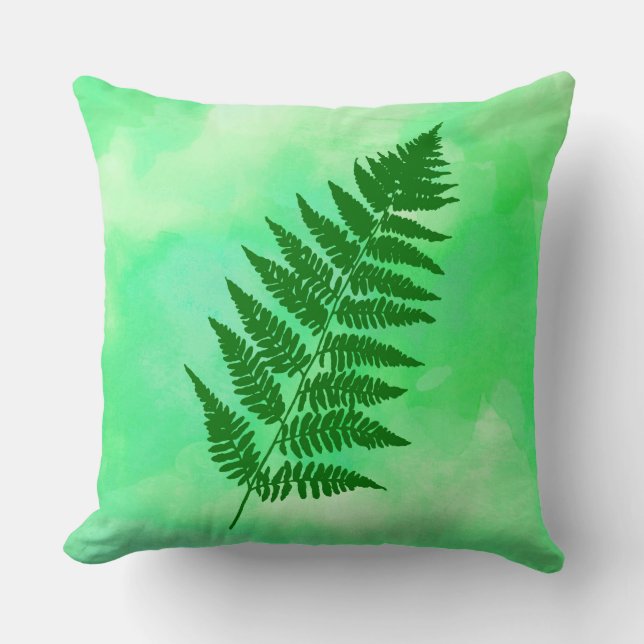 Almofada Fern Frond, Verde em um Fundo de Aquarela (Frente)