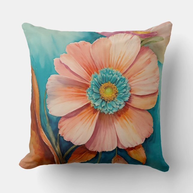 Almofada Ferrugem, Turquesas e Flores de Pêssego (Frente)