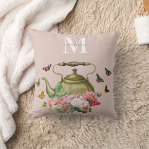 Almofada Festa de Chás em Rosa Floral & Borboletas Monogram