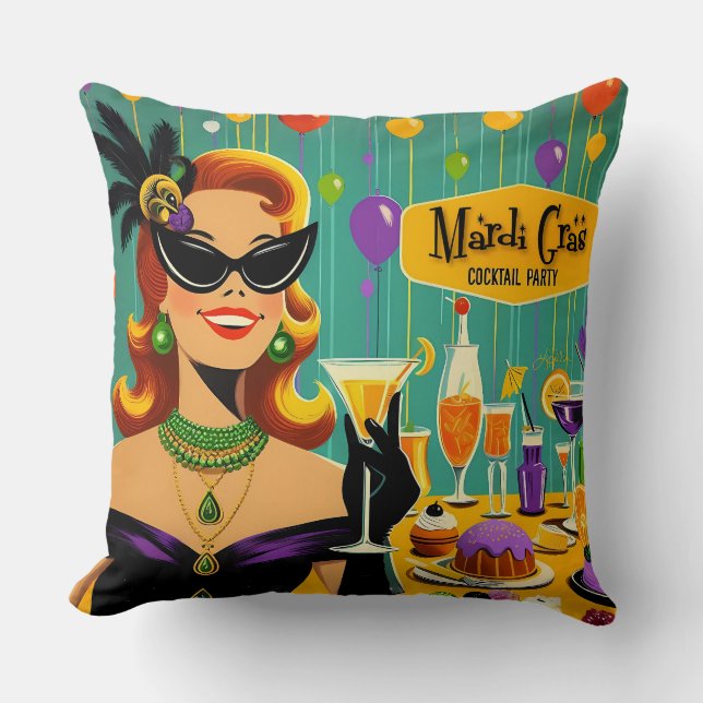 Almofada Festa de Cocktail Retro Mardi Gras dos Anos 50 (Frente)