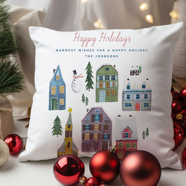 Almofada Festa de inverno na Vila da Vila (Cute Winter House Village Scene Christmas Throw Pillow)