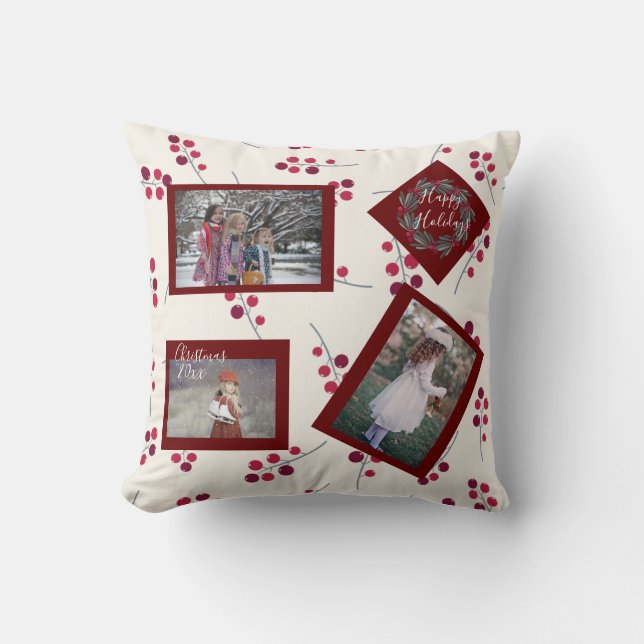 Almofada Festa de Natal de Folhas de Azevinho de Foto Bonit (Frente)