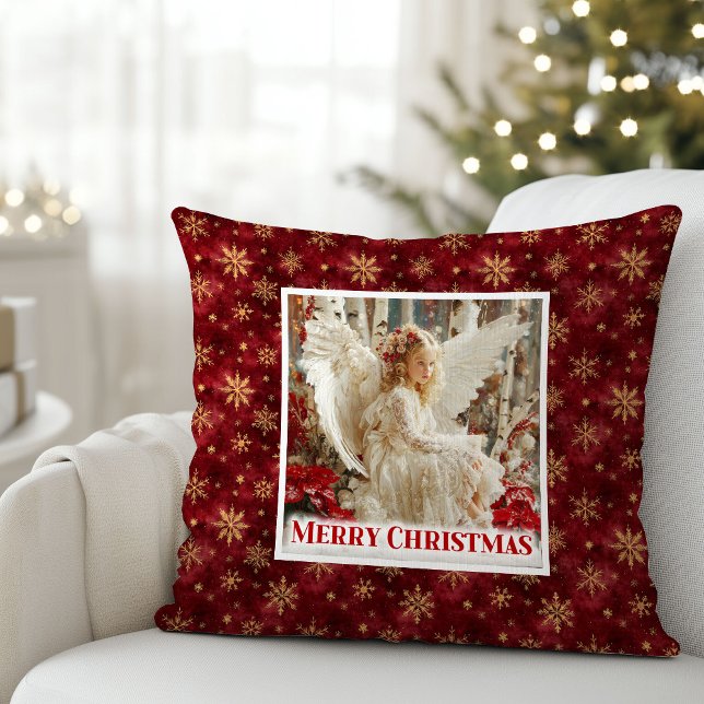 Almofada Festive Angel Poinsettia Red Gold Accent Christmas (Festive Angel Poinsettia Red Gold Accent Christmas Pillow

)