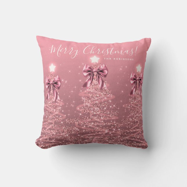 Almofada Festive Holiday Blush Pink Christmas Trees Name (Frente)
