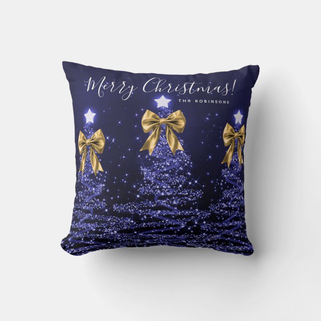 Almofada Festive Holiday Navy Christmas Trees Name Gold  (Frente)