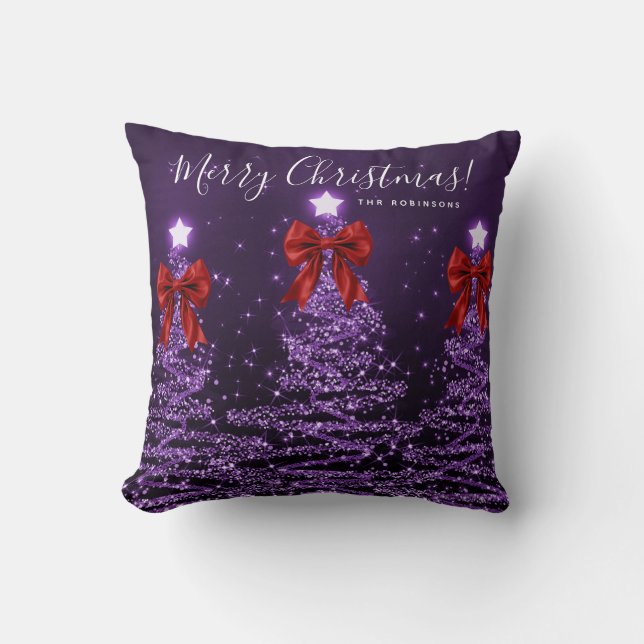 Almofada Festive Holiday Purple Christmas Trees Name Red  (Frente)