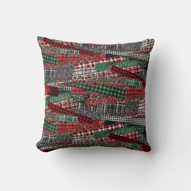 Almofada Festive Patchwork Plaid & Glitter Holiday Accent (Frente)