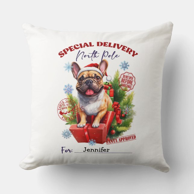 Almofada Festive Whimsical Pug Christmas Throw Pillow (Frente)