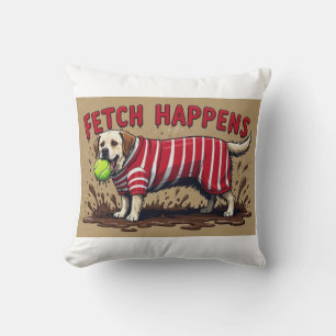 Almofada Fetch Acontece poster humorístico cão labrador