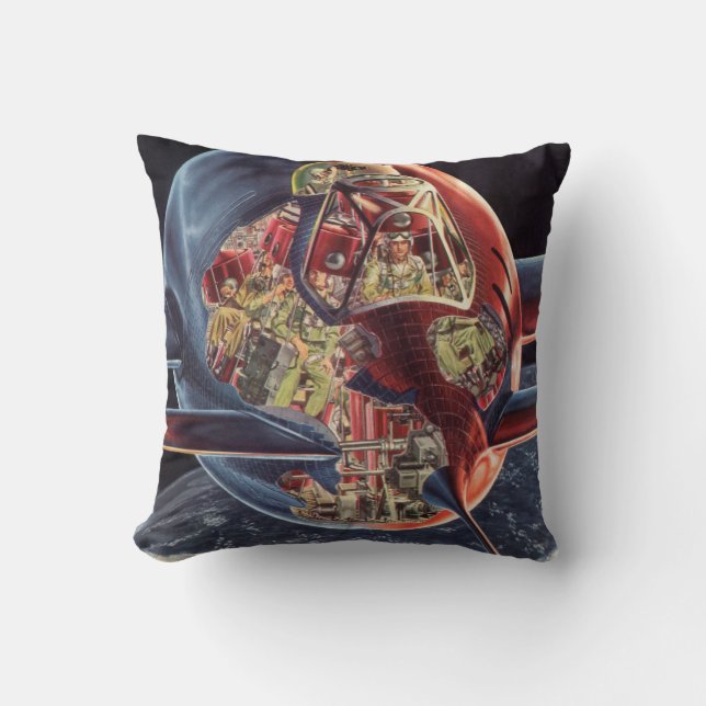 Almofada Ficção Científica Vintage Astronauta Foguete Espaç (Frente)