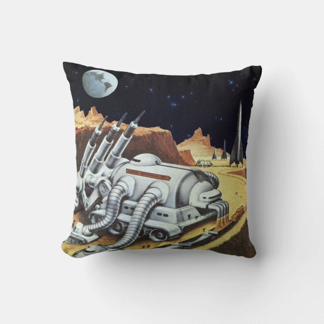 Almofada Ficção Científica Vintage, Estação Espacial na Lua (Frente)