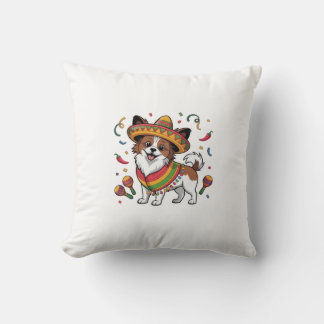 Almofada Fiesta Papillon Dog Vestindo Sombrero e Sarape