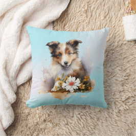 Almofada Filhote de cão de pastor Shetland Pet Aguarela Flo