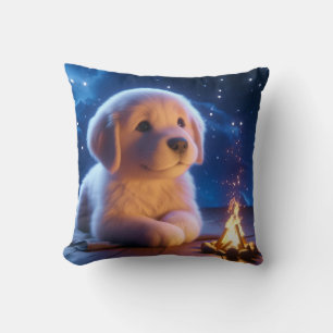 Almofada Filhote de Retriever Dourado Fofo Sob o Céu Noturn