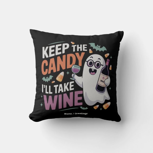 Almofada Fique com os Doces, Eu Levo o Vinho Funny Hallowee (Frente)