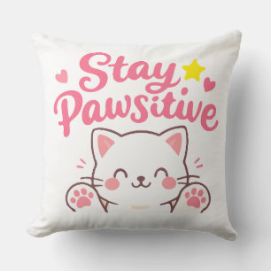 Almofada Fique Pawsitivo – Ilustração de Gato Kawaii Fofo