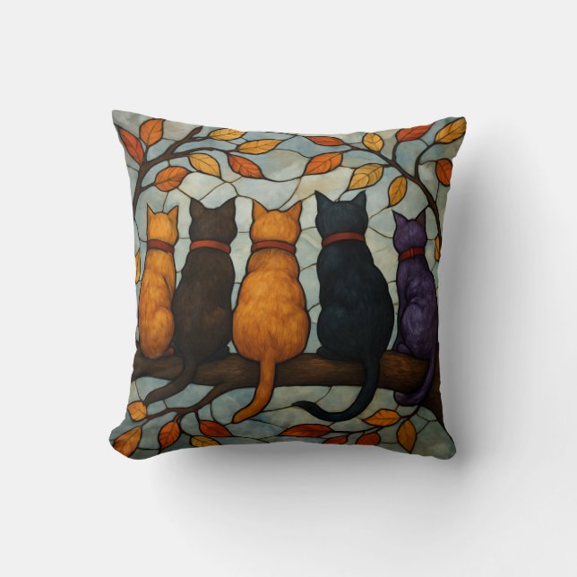 Almofada Five Cats on a Tree Branch Stained Glass Style (Frente)