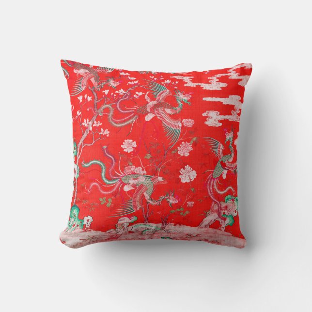 Almofada Five Phoenixes in Garden Chinese Red Floral  (Frente)