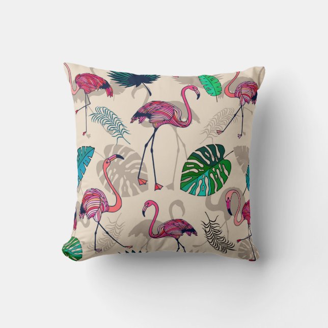 Almofada Flamigos e folhas tropicais, cor-de-rosa, sem cost (Frente)