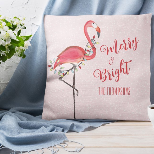 Almofada Flamingo Cor-de-Rosa-de-Natal Bonito Personalizado (Christmas "Merry and Bright" cute whimsical pink flamingo throw pillow)