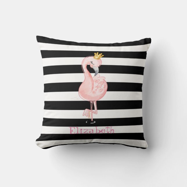 Almofada Flamingo Cor-de-Rosa,Preto-Coroa, Stripes Brancas (Frente)