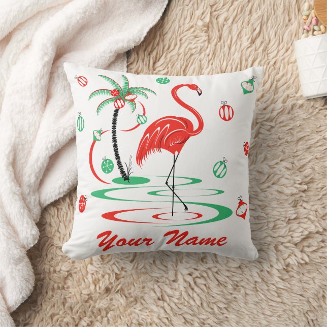 Almofada Flamingo de Natal Vermelho Nome verde para trás (Cobertor)