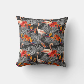 Almofada Flamingo e flores, padrão monocromático.