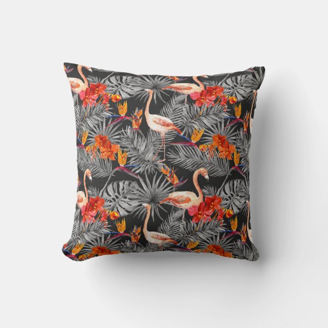 Almofada Flamingo e flores, padrão monocromático. (Frente)