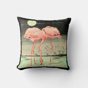 Almofada Flamingo e Lua, ave rosa, pintada moderna,