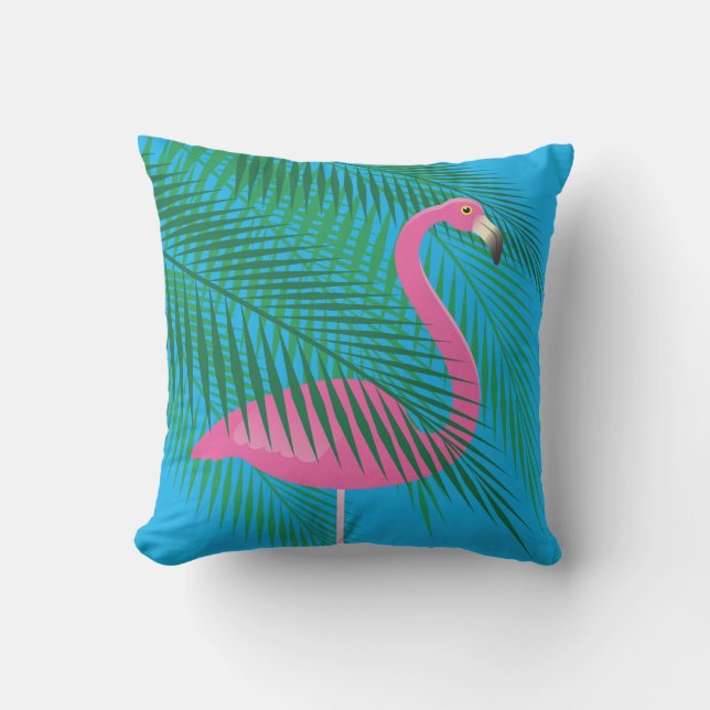 Almofada Flamingo & folhas de palmeira tropicais no azul - (Frente)