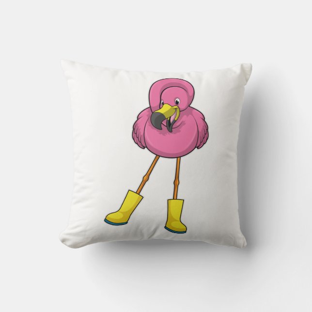 Almofada Flamingo na chuva com botas de borracha (Frente)