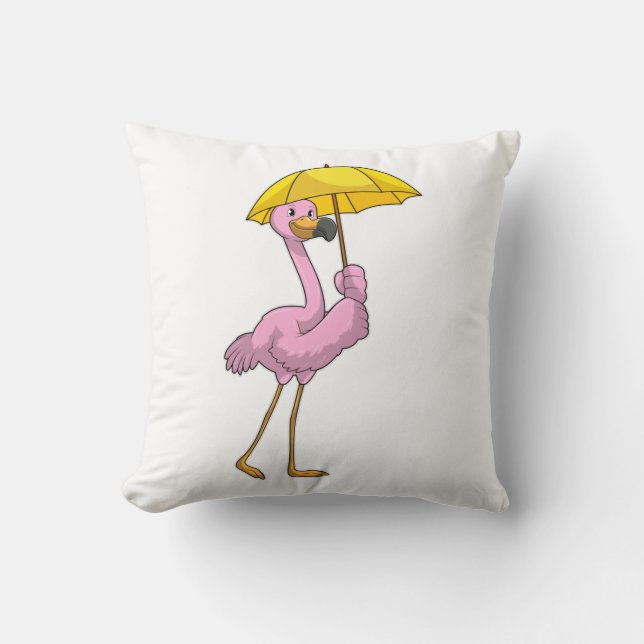 Almofada Flamingo na chuva com guarda-chuva (Frente)