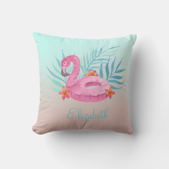 Almofada Flamingo Rosa Adorável Folhas de Palmeira (Frente)