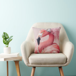 Almofada Flamingo Rosa Elegante com Pérolas e Penas