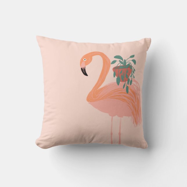 Almofada Flamingo Tropical com Planta em Vaso Desenhado à M (Frente)