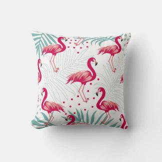 Almofada Flamingo tropical e folhas, padrão de verão.