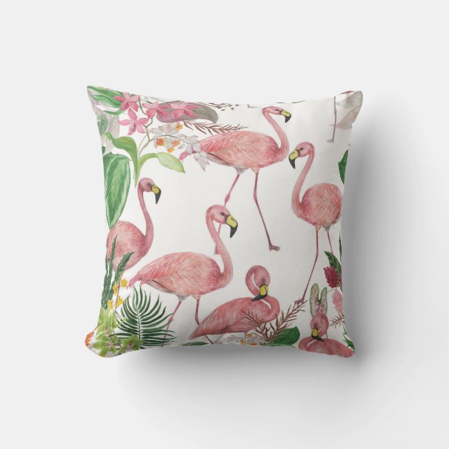 Almofada Flamingo Tropical Leaves Watercolor Patterno (Frente)