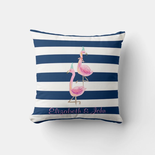Almofada Flamingos Rosa Chic Em Amor,Listras Azuis Marinho (Frente)