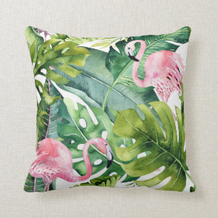 Almofada Flamingos Rosa & Folhas de Palmeira Tropicais