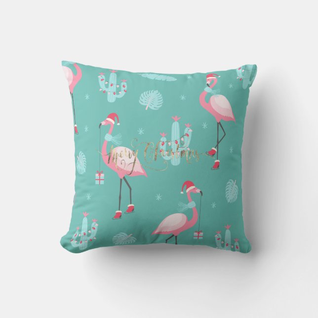 Almofada Flamingos Santa Hat Presents Flocos de Neve (Frente)