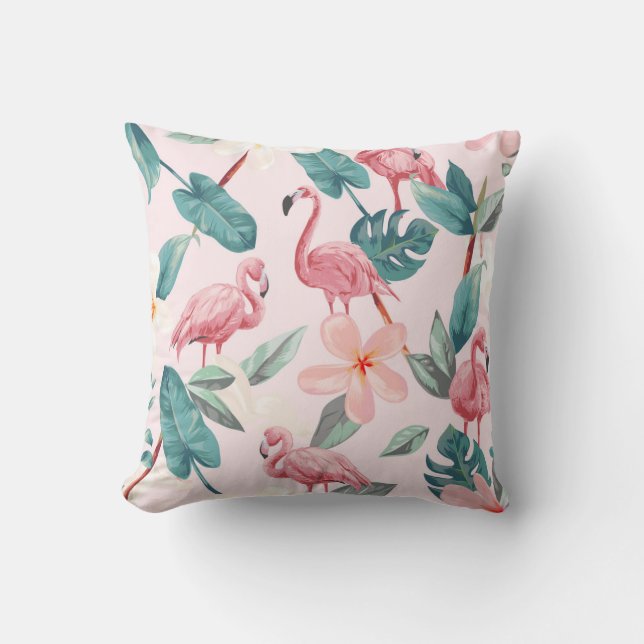 Almofada flamingos sem costura e flores tropicais ilustrado (Frente)