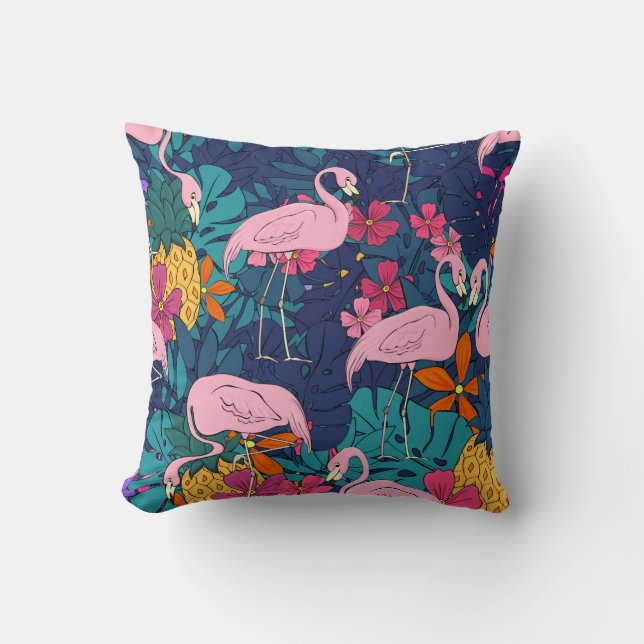 Almofada Flamingos sobre fundo de folhas tropicais e f (Frente)