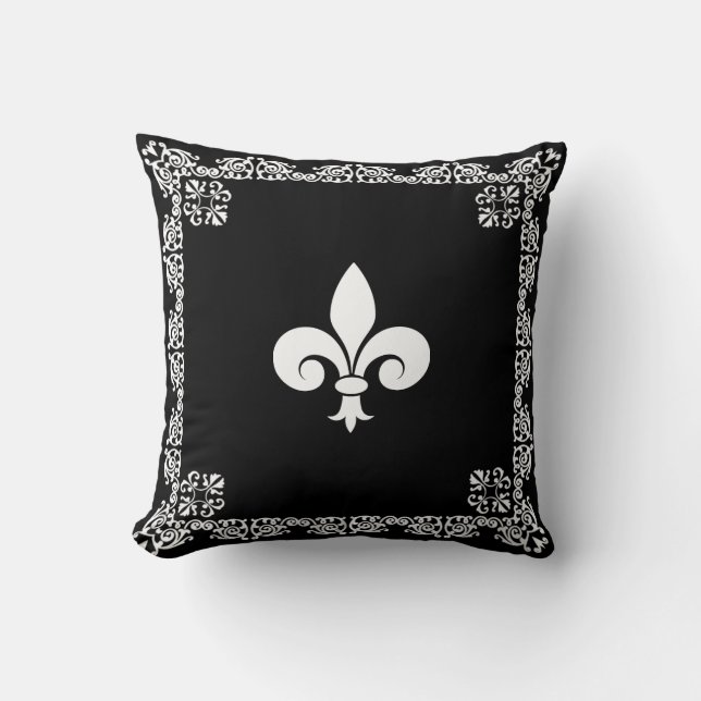 Almofada Fleur de Lis em Branco & Moldura em Preto (Frente)