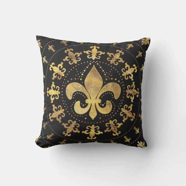 Almofada Fleur-de-lis - ornamento circular - Dourado e pret (Frente)
