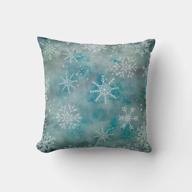 Almofada Flocos de neve brancos no inverno de Natal em azul (Frente)
